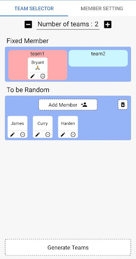 Android application Team Maker screenshort
