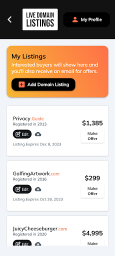 Android application Live Domain Listings screenshort